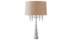 Dunes and Duchess 4-Arm Candelabra Lamp in white with burlap shade